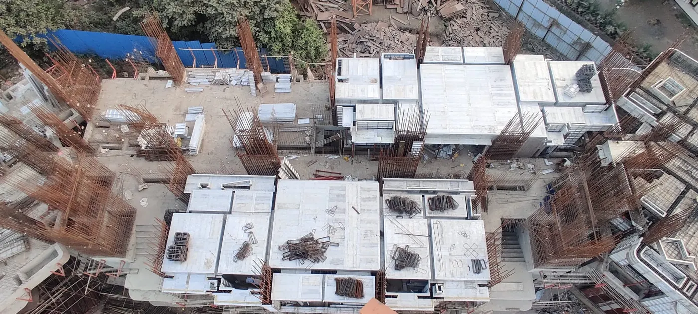 Top view of floor formwork with accessories staged on deck